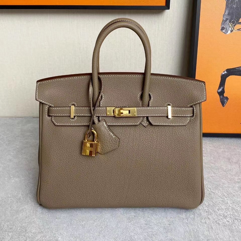 全新hermes/爱马仕 c刻 birkin25 大象灰 togo皮 金扣女士铂金包