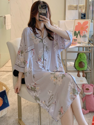 绵绸睡衣女夏薄款欧版衬衫裙加大码裙子孕妇可外穿棉绸人造棉睡裙 绵绸睡衣女夏薄款欧版衬衫裙加大码裙子孕妇可外穿棉绸人造棉睡裙